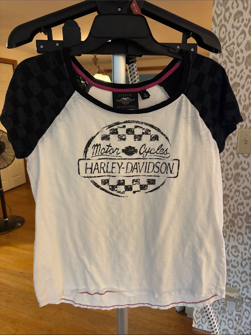 Harley-Davidson White Tee with Black Checkered Raglan Sleeves